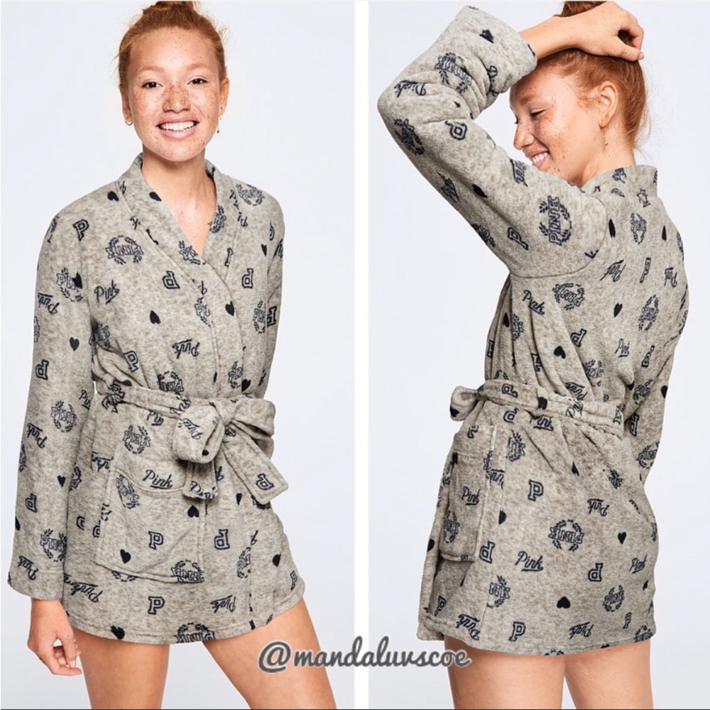 💕VS PINK GREY LOGO TEDDY PLUSH ROBE
